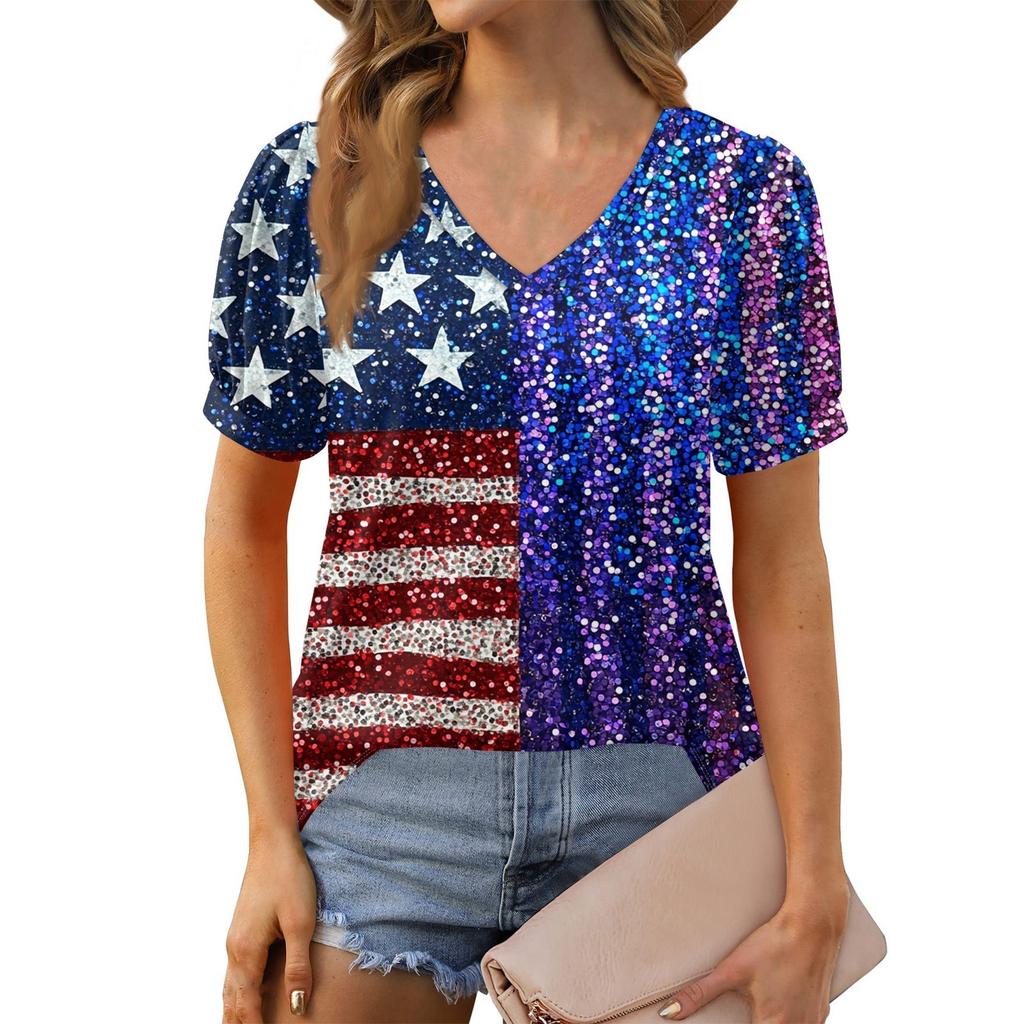 Women's Fashion Independence Day Print Top Puff Short Sleeve V-neck T-shirt Loose Casual T-shirt
