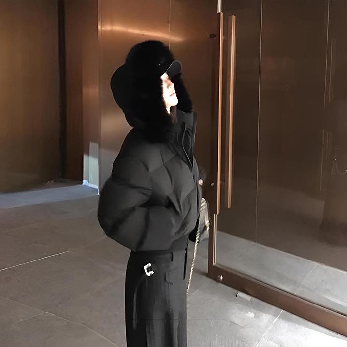 American retro winter new cotton coat women's fur collar hooded waist thin small cotton coat short thickened