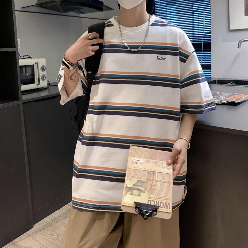 Vintage Japan Style Striped T-shirts Summer Contrasting Colors Men's Clothing Young Style Letter Loose Casual O-Neck Pullovers