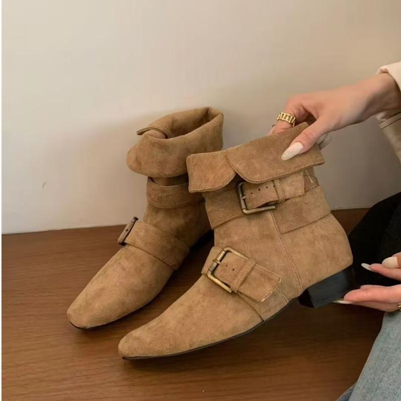 Fashion Autumn Inside Heightened Single Boots Women's Fashion Pointed Toe Suede Sleeve Metal Buckle Non-Slip Short Boots