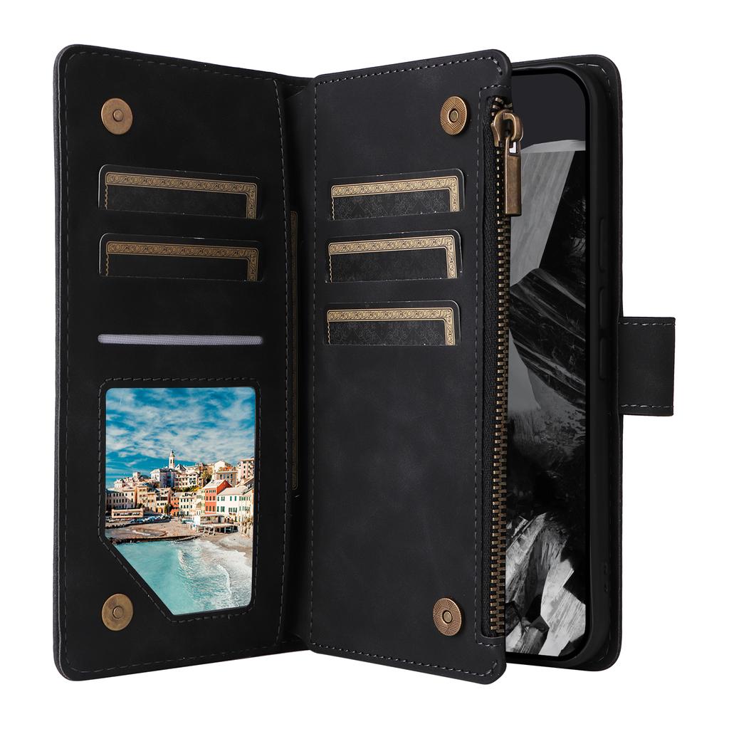 For Google Pixel 10 Pro XL/9 Pro XL Case Zipper Wallet Multiple Card Slots Leather Phone Cover with Wrist Strap