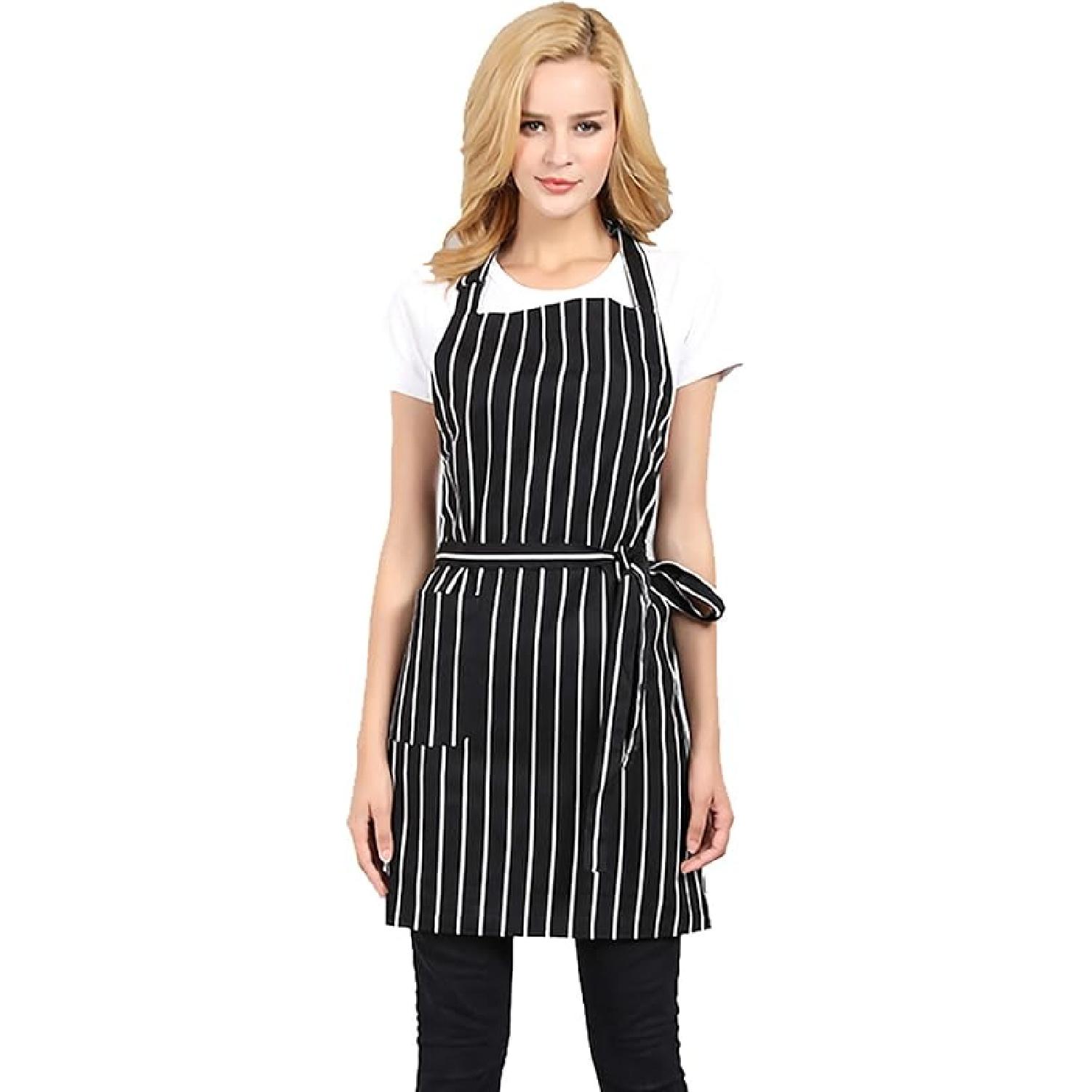 Somotersea Kitchen Apron for Women and Men with Pockets Adjustable Bib Apron for Cooking Chef Apron Pinstripe Mid-length Mid-length A