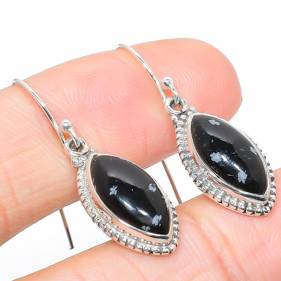 Boucles d'oreilles en argent sterling massif 925 avec obsidienne flocon de neige naturelle, 3,8 cm, o9I45
