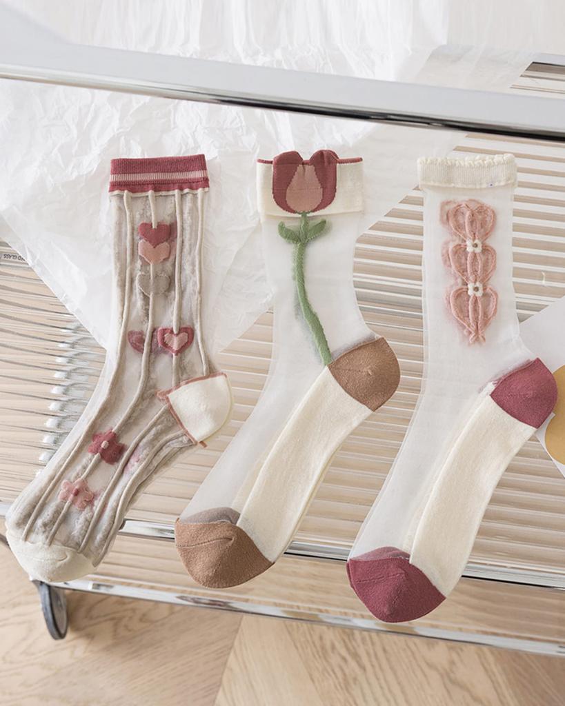 Crew Cute Floral Cotton Sizes Y Women's Socks, 5-Pair Set, Print, Odor-Resistant, Sweat-Wicking, Medium-Thick Socks, Breathable, Stylish, 22-25cm,