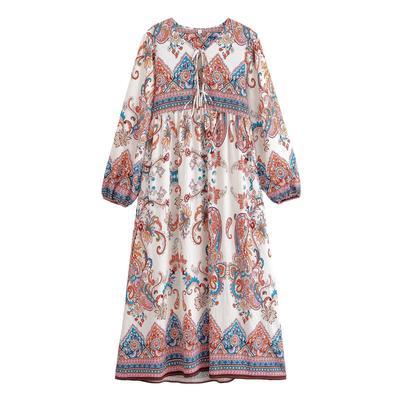 Spring 2026 European & American Style Women's Bohemian Tassel Dress with Print - Loose Fit
