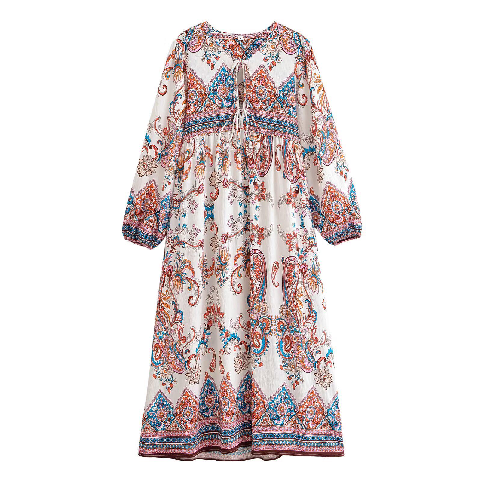Spring 2026 European & American Style Women s Bohemian Tassel Dress with Print - Loose Fit S