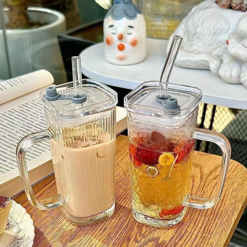 INS-Style Transparent Glass Tumbler with Handle - Stylish Summer Juice Cup with Vertical Stripes