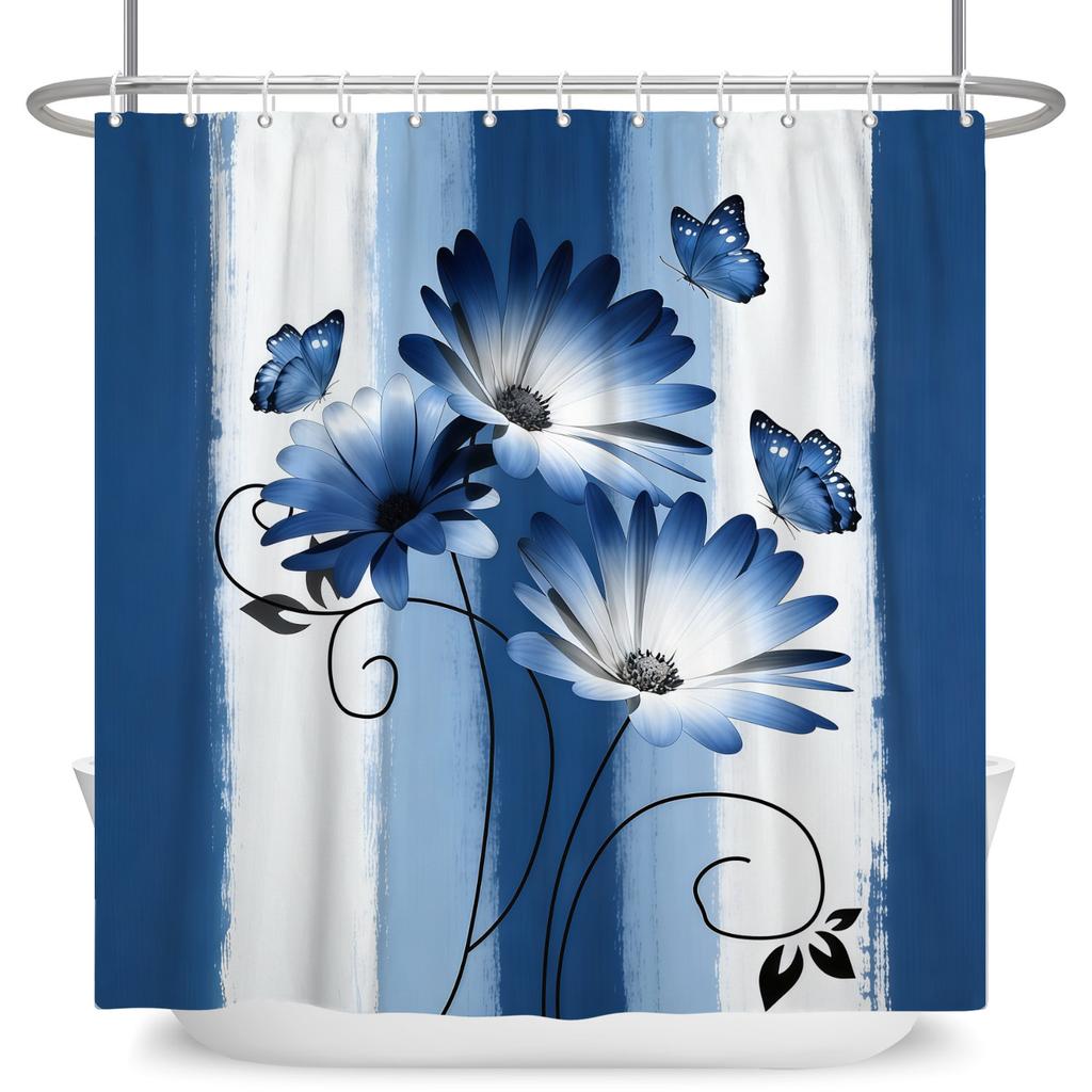 Blaues Blumen-Schmetterlings-Duschvorhang Modernes Streifen-Geometrisches Muster Wasserdichter Badevorhang Badezimmer-Dekoration Polyester Mit Haken