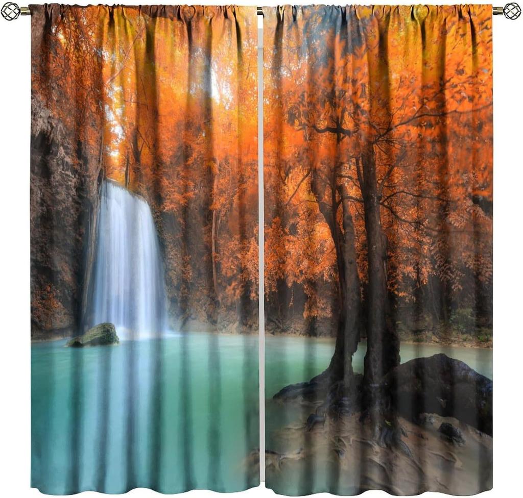 Blackout Red Forest Waterfall Windows Curtains Tree Landscape Woodland Scenic Nature Fall Scenery Art Printed Curtain Made Of Polyester Washable