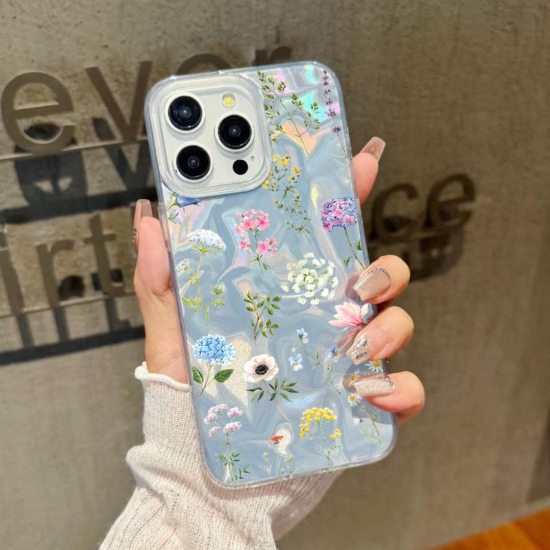 Floral Pattern Feather Sparkling Shockproof Phone Case For iPhone 16 Pro Max 15 Pro 14 13 12 11 Clear TPU Soft Edge Glitter Slim Hard PC Back Cover