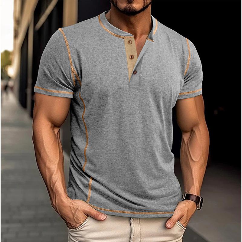 

Мужские футболки-хенли контрастных цветов, повседневные топы с коротким рукавом и планкой на пуговицах, уличный стиль, необходимый для лета XL серый