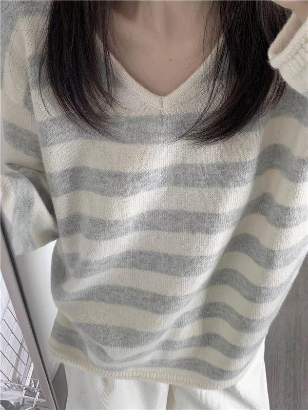 Women's Korean Color Block V-Neck Striped Sweater - Autumn/Winter 2025 Loose Knitted Pullover