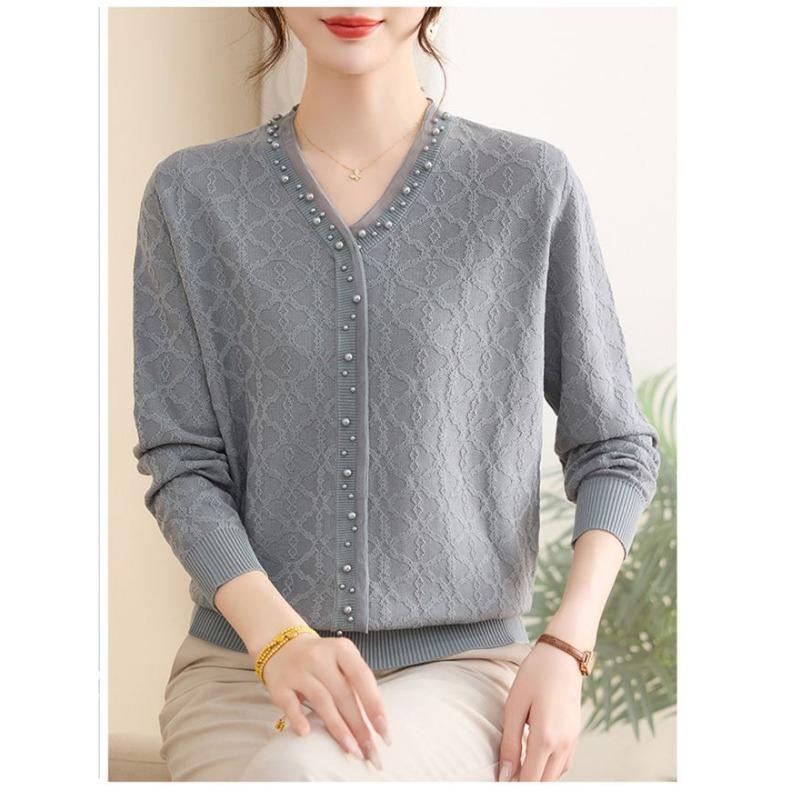 

Осінній жіночий трикотажний повсякденний тонкий пуловер светр з модним універсальним топом з намистин, зшитий з однотонної тканини 5XL сірий