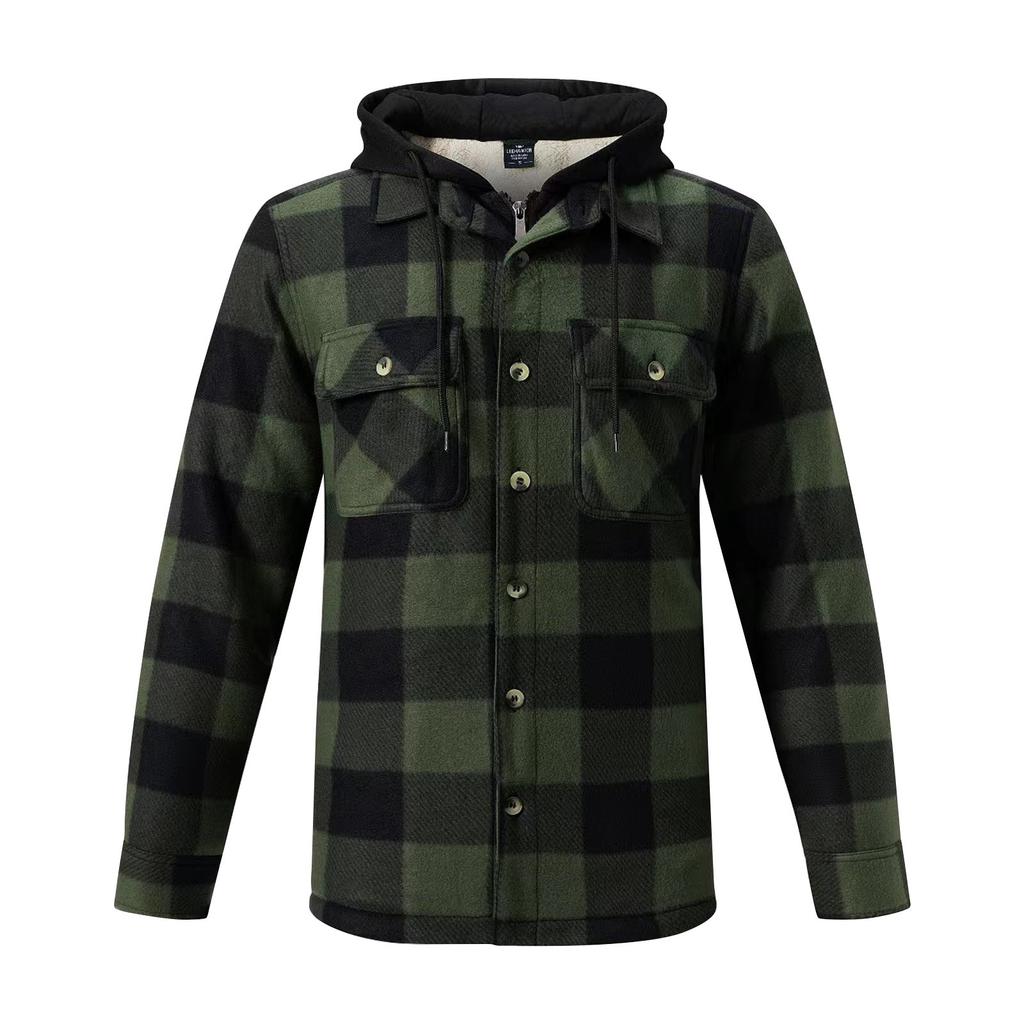 Men's Plaid Long Sleeve Shirt Men's Pocket Button Hooded Sweatshirt