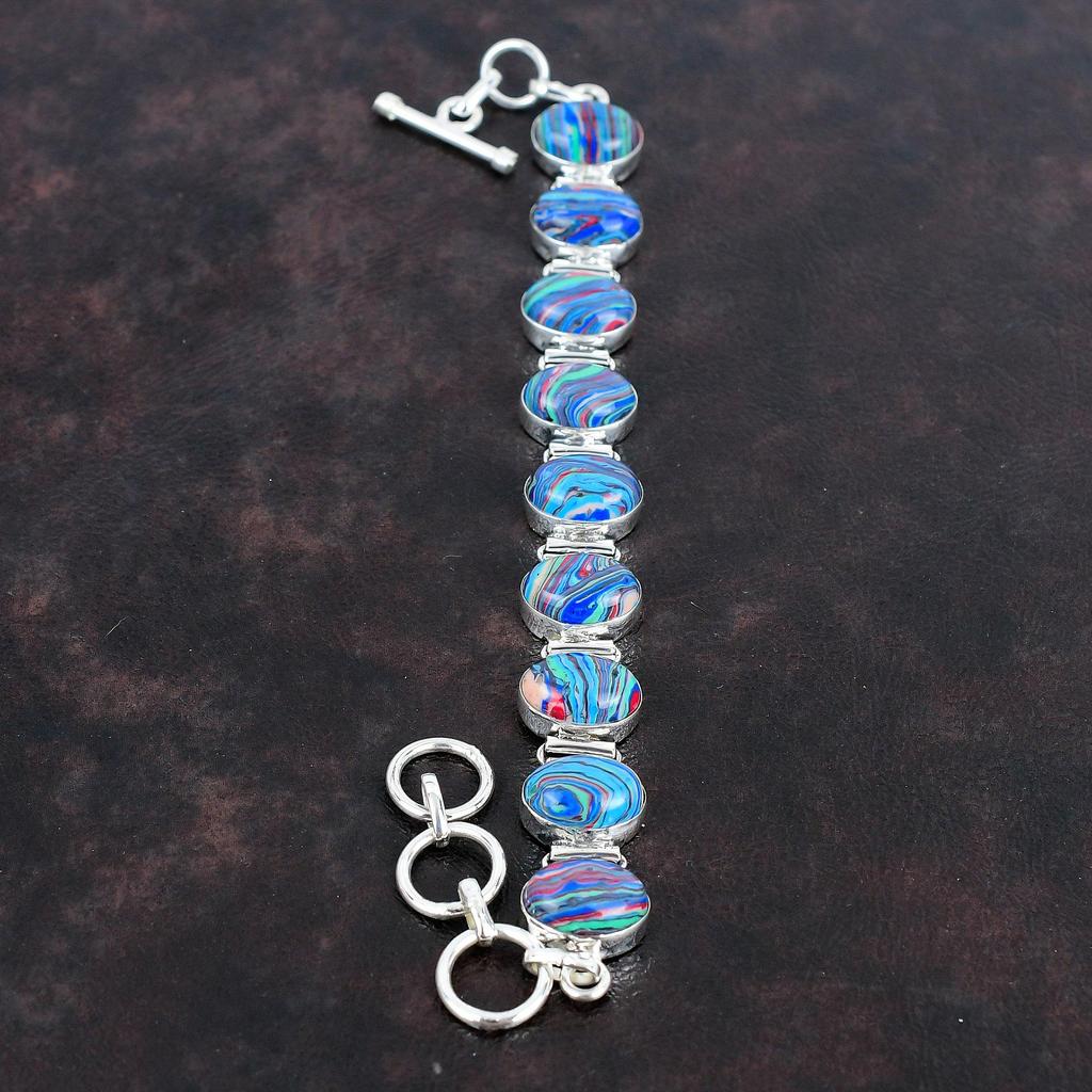 Rainbow Calsilica Bracelet 925 Sterling Silver Bracelet Handmade Bracelet Adjustable Chain Bracelet Gemstone Antique Jewelry Gifts For Him