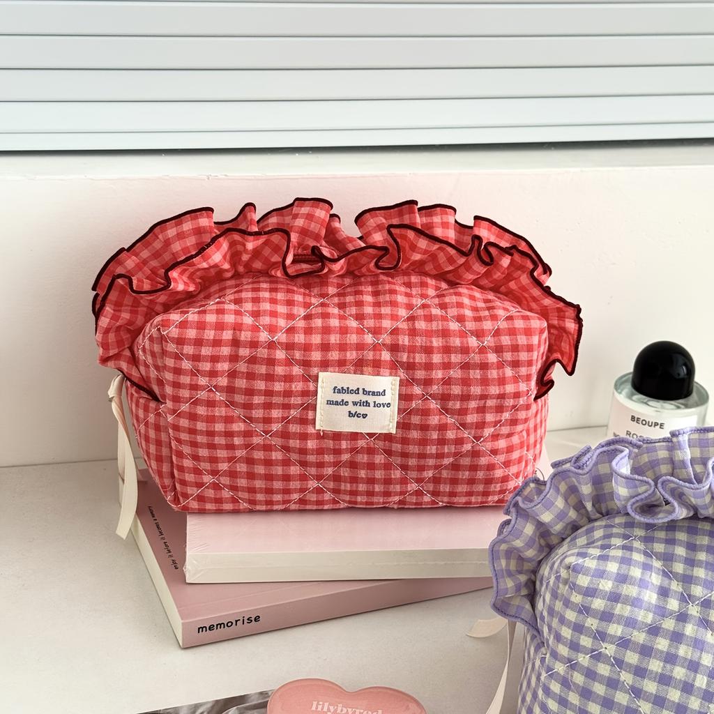 Fashion Lace Plaid Cosmetic Bag, Minimalist Niche INS Style, High-Value Look, Large-Capacity Portable Pouch Perfect for Home