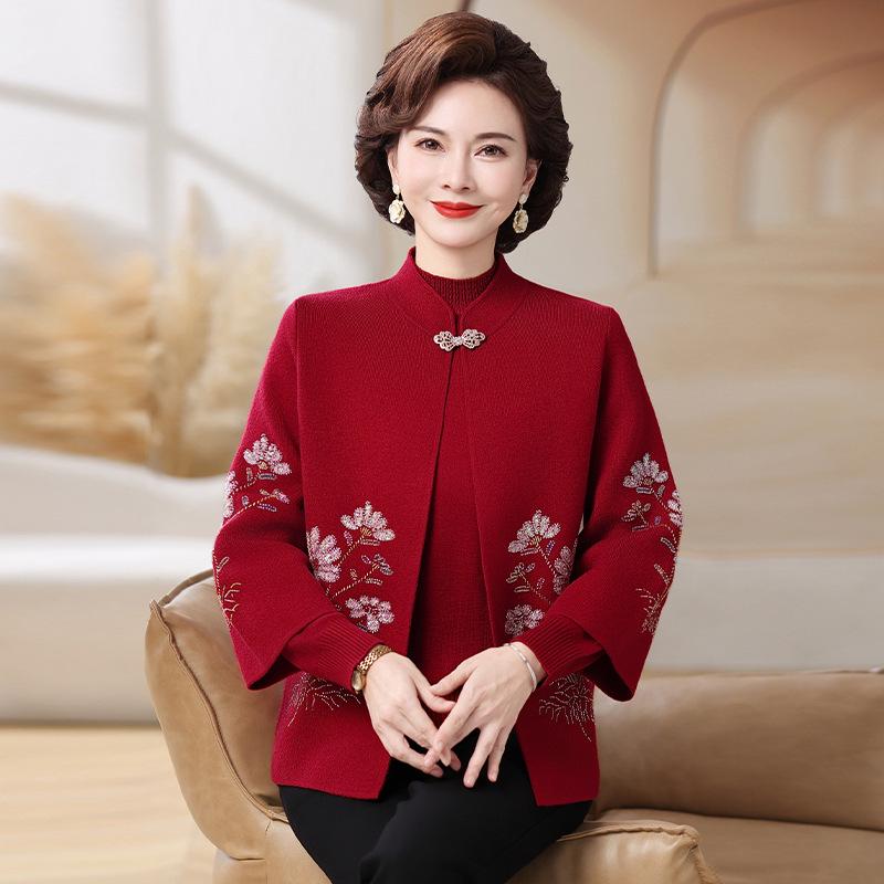 Mom's 2025 Autumn/Winter Knitted Cardigan with Embroidery for Middle-Aged and Elderly Women
