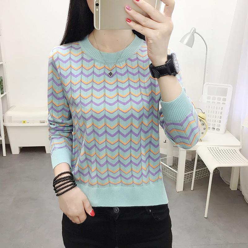 Fashion Knitted Short Sleeve Women's Autumn Winter T-shirt Round Neck Soft Stripe Sweater Top