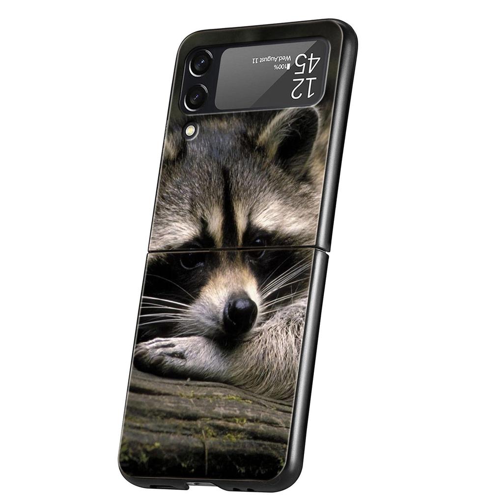 Hard PC Phone Case For Samsung Galaxy Z Flip 7 6 5 4 Black Cover For Galaxy Z Flip 3 Foldable Shockproof Cute Animal Raccoon Bag