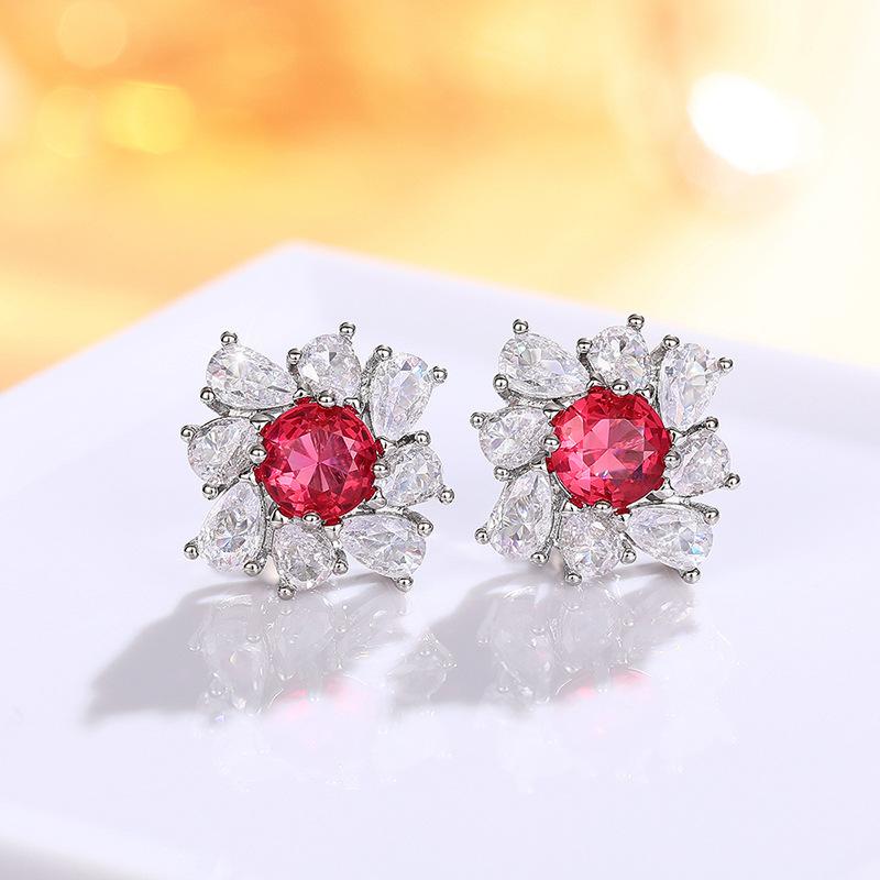 Flower shaped inlaid with red zircon earrings, fashionable and personalized, suitable for attending banquets with accessories