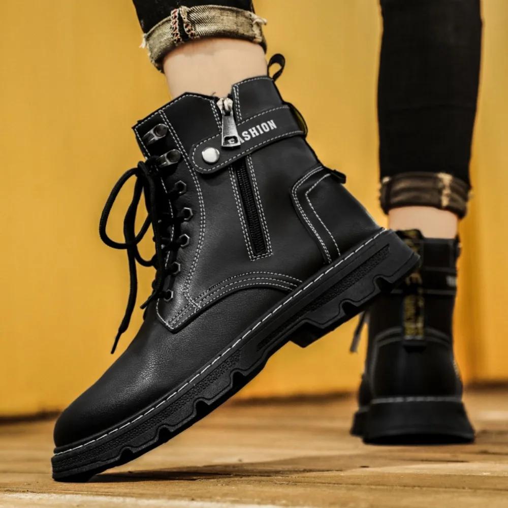 Men's Short Boots for Autumn\winter High Top Lace Up Workwear Shoes Outdoor Casual Mens Boots Side Zipper Mid Top Leather Shoes