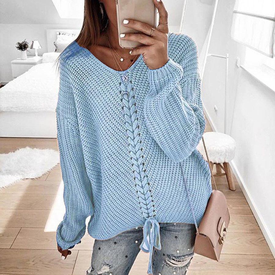 Fall Winter New Women's Long Sleeve Loose V-Neck Drawstring Backless Pullover Knit Sweater Women's Clothing