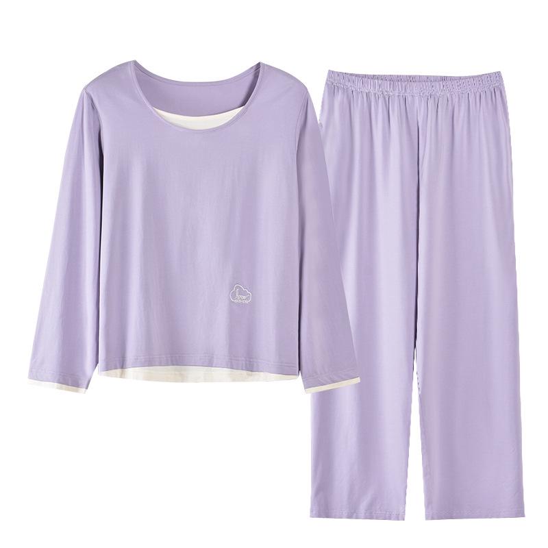 Damen Herbst Modal Baumwoll Pyjama Set: Langärmlig, Lange Hose, Pullover, Bequem, Schlichter Stil, Geeignet für Innen- und Außenbekleidung