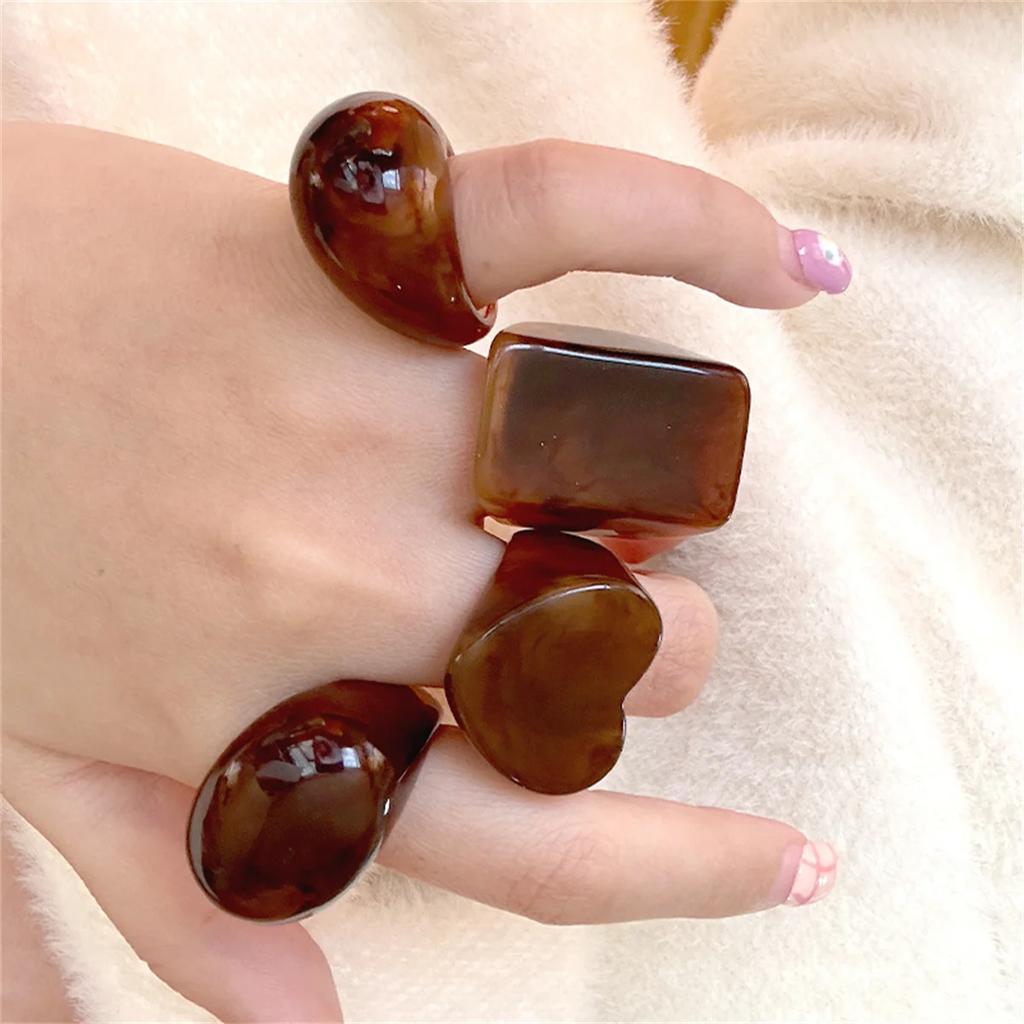 Vintage Braune Harz Breite Ringe Für Frauen Koreanische Geometrische Herz Rechteck Dicke Fingerringe Party Schmuck Zubehör
