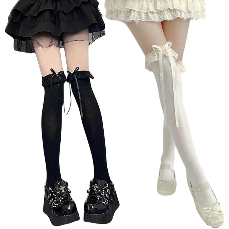 Cute Lace Ruffle Trim Frilly Over The Knee Long Socks for Women JK Girl Student Sweet Ribbon Bowknot Thigh High Stocking