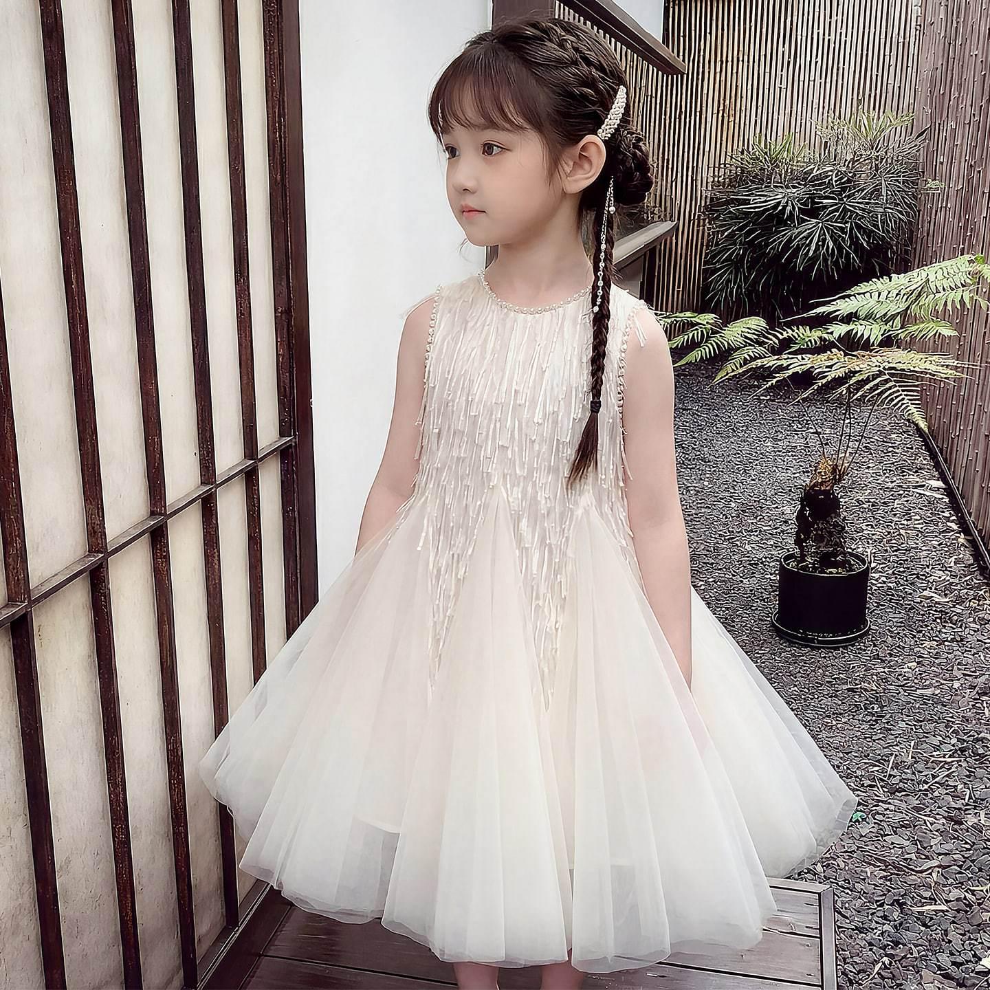 Girls 2025 Summer Princess Dress - Stylish European & American Short Sleeve Skirt 110 бежевый