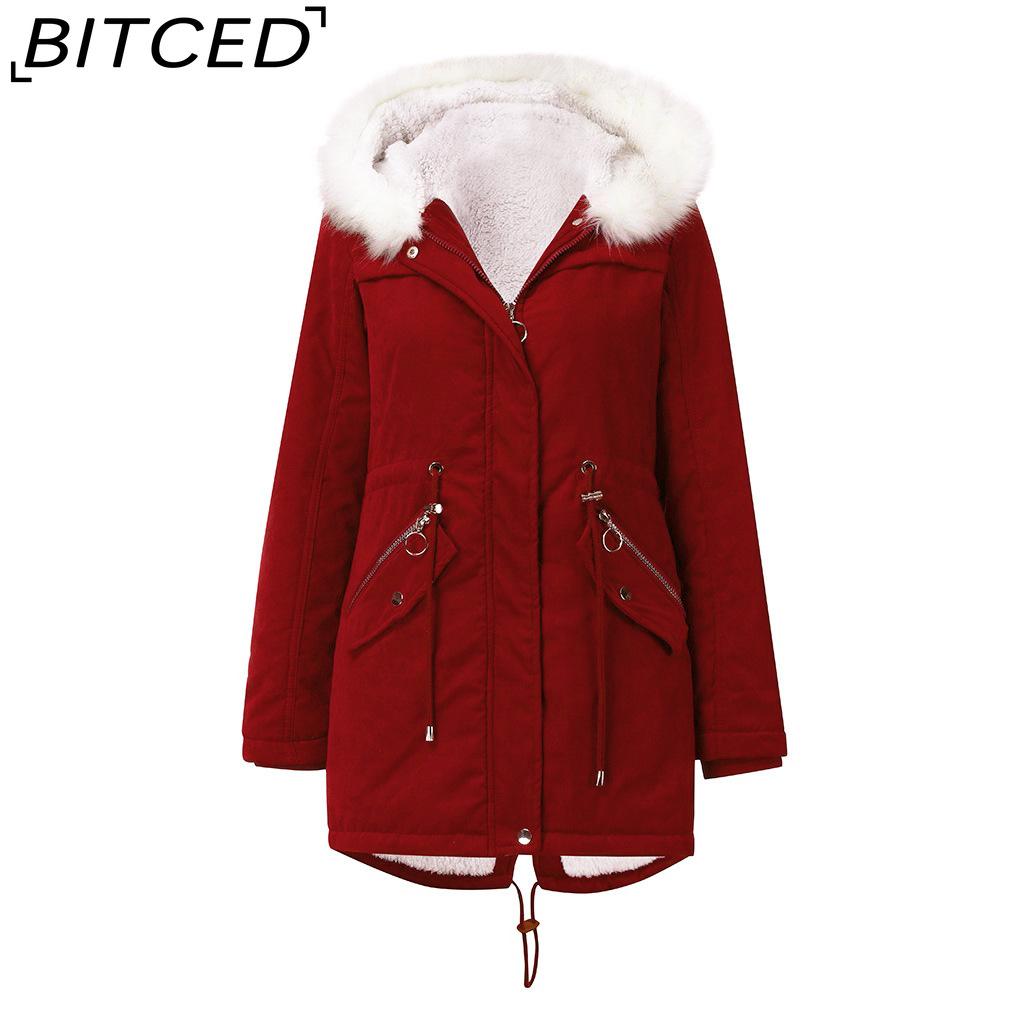 BITCED Women's Cotton-Lined White Fur-Trimmed Parka Mid-Length Hooded Winter Warm Fleece Coat
