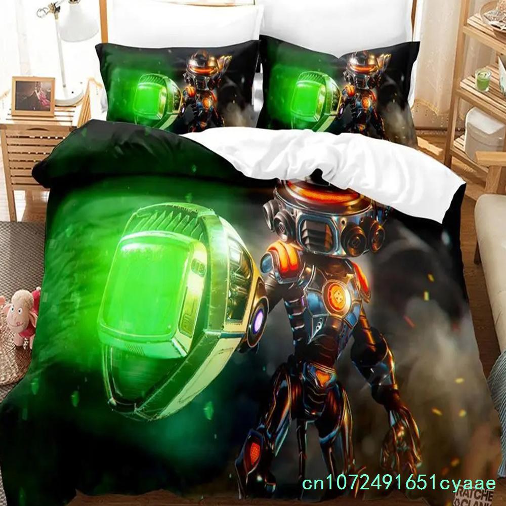 Ensemble de literie Ratchet Clank Rift Apart Jeu Anime Dessin Animé Ensemble Trois Pièces Chambre d'Enfant Garçon Housses de Couette 3D Kawaii EU single(135x200cm)
