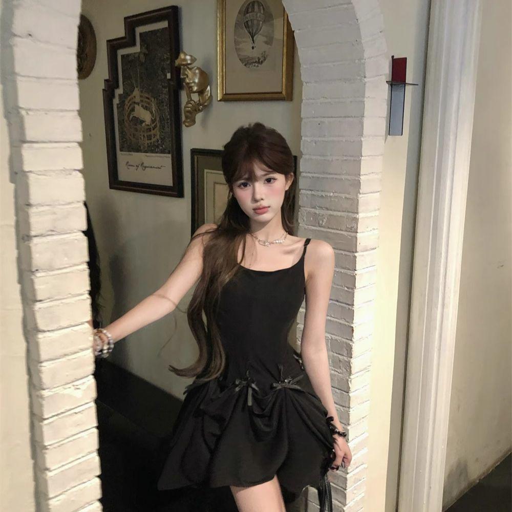 Summer French Bow Strap A-line Dress for Women - Blue Multi-wear Short Skirt