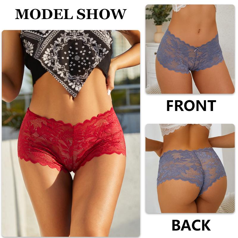 4 Stück/SET Damen Spitzen Hollow Out Boyshorts Unterwäsche Sexy Blumendruck Slips Weiblich Niedrige Taille Perspektive Lingerie Boxershorts