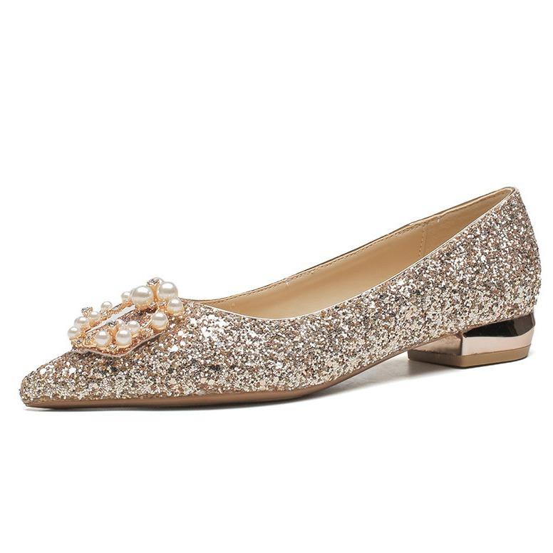 213-5 pointed flat thick heel women's shoes 2025 new crystal bridal wedding shoes shallow bridesmaid shoes low heel single shoes