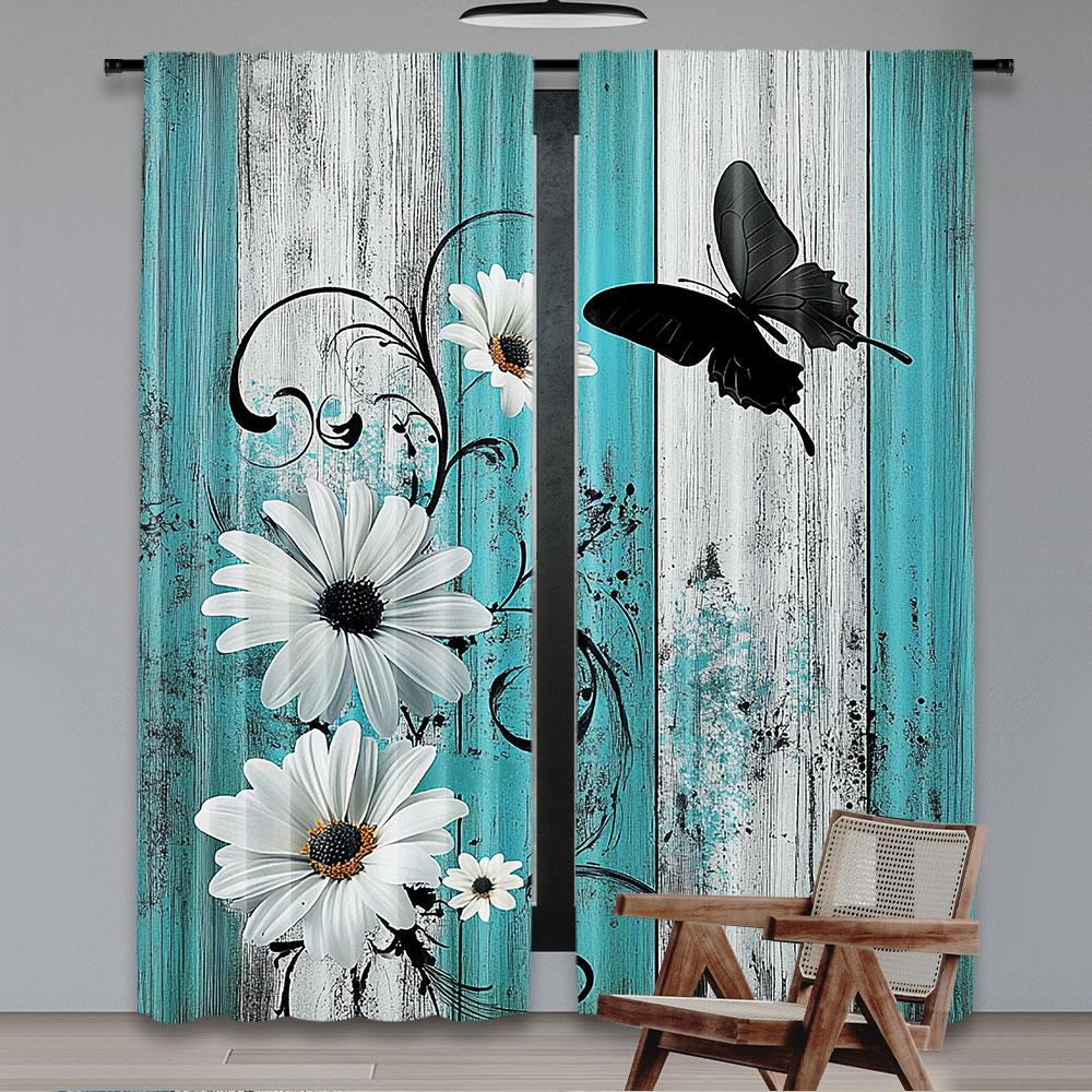 Set Of 2 Teal Turquoise Curtain Aqua Floral Blue White Curtains Decor Home Bedroom Apartment Living Room Window Polyester Perfect For