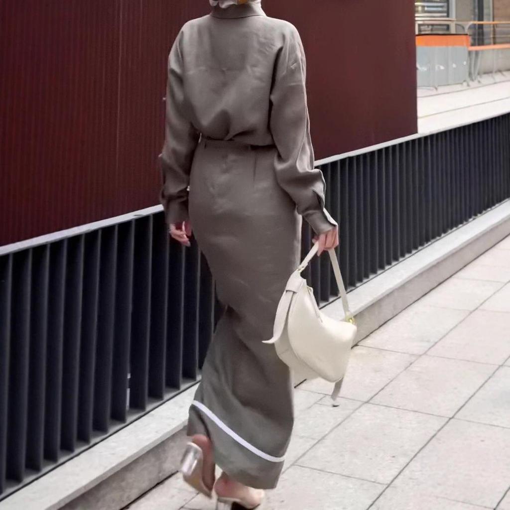 2025 European & American Women's Long Sleeve Slit Dress with Shirt Collar