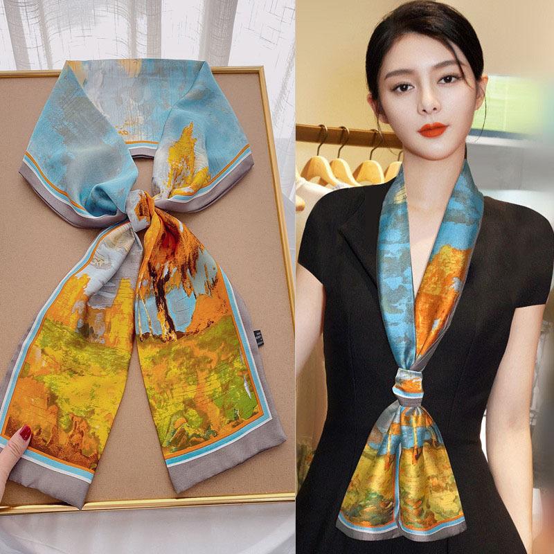 Luxury Design Women Summer Long Silk Scarf Hair Headband Foulard Skinny Bag Scarves Neckerchief Lady Shirt Decorative Streamers