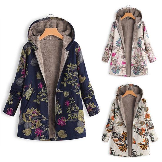 Flower Leaf Printed Women Autumn Winter Warm Hooded Pocket Coat Zipper Overcoat