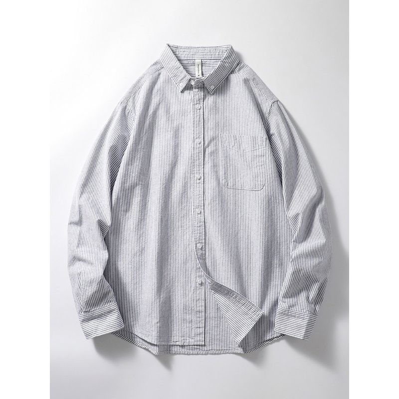 Japanese-Style Retro Long Sleeve Casual Oxford Striped Shirt