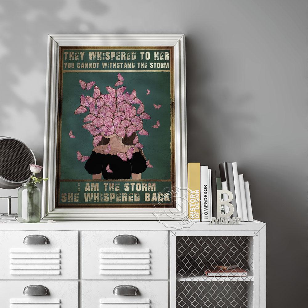 They Whisperes To Her You Cannot Withstang The Storm Retro Art Canvas Painting Nordic Style Fashion Girl Flower Butterfly Home Art Decor No Frame
