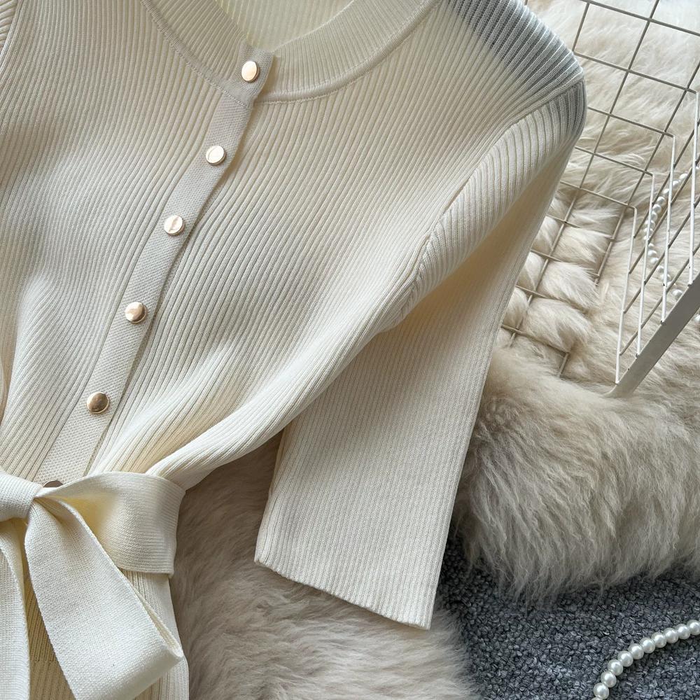 Solid O-neck Knitted Sweater Dress for Women Summer Autumn Short-Sleeve Single-Breasted Tie-Waist Slimming Elegant Bodycon Dress