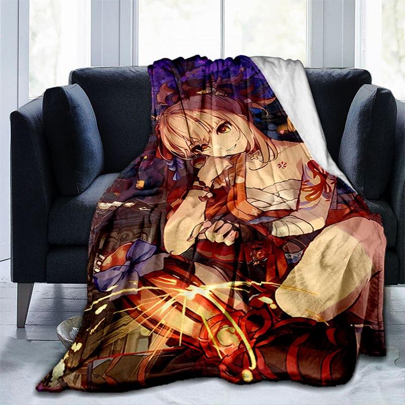 Pătură cu imprimeu Genshin Impact cu desene animate, flanel, căldură, moale, canapea extensibilă de pluș, pătură pentru aruncare, pătură de pluș, anime drăguț