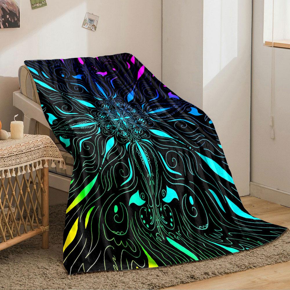 Intricate symmetrical swirls with multicolor gradients on a black base. for all seasons blanket lunch break throw gift