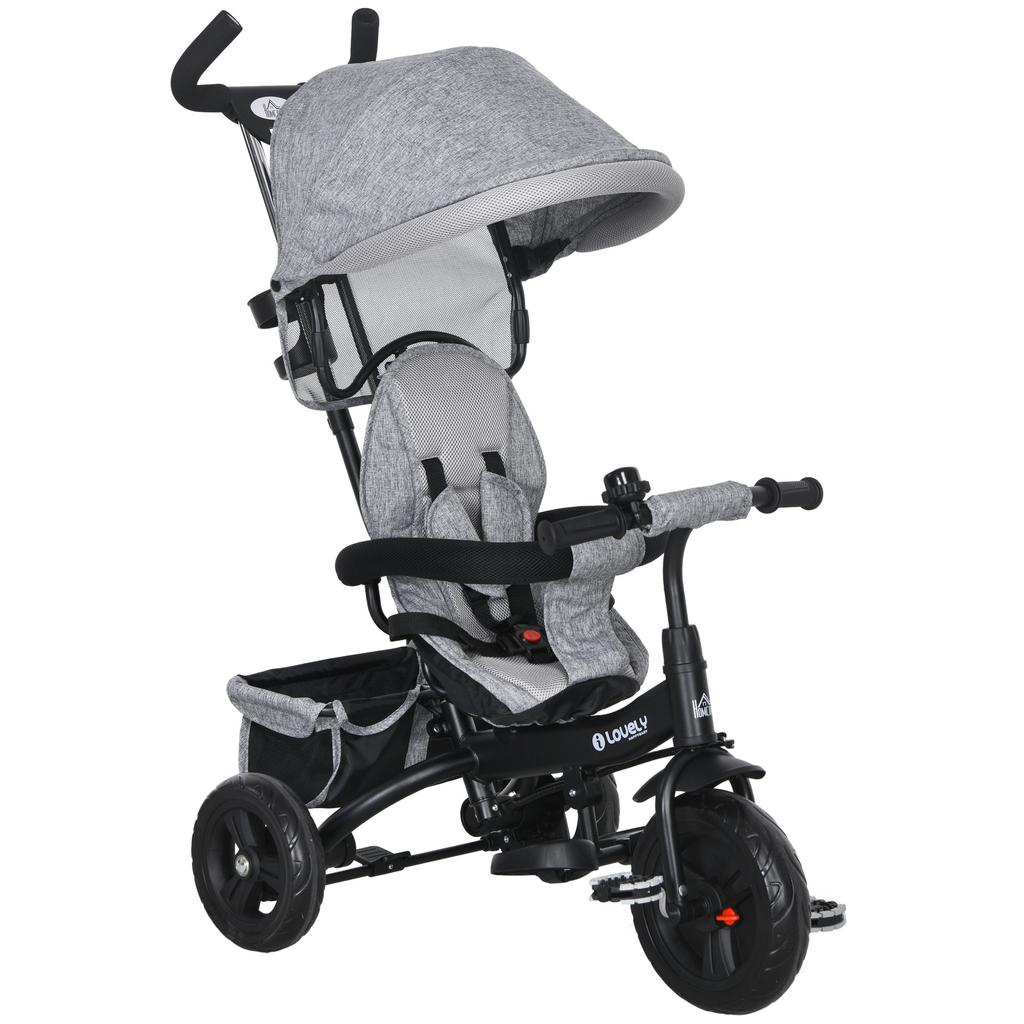 6-in-1 Children's Tricycle, Push Bar, Canopy, Harness, Storage Basket, 1-5 Years, Grey