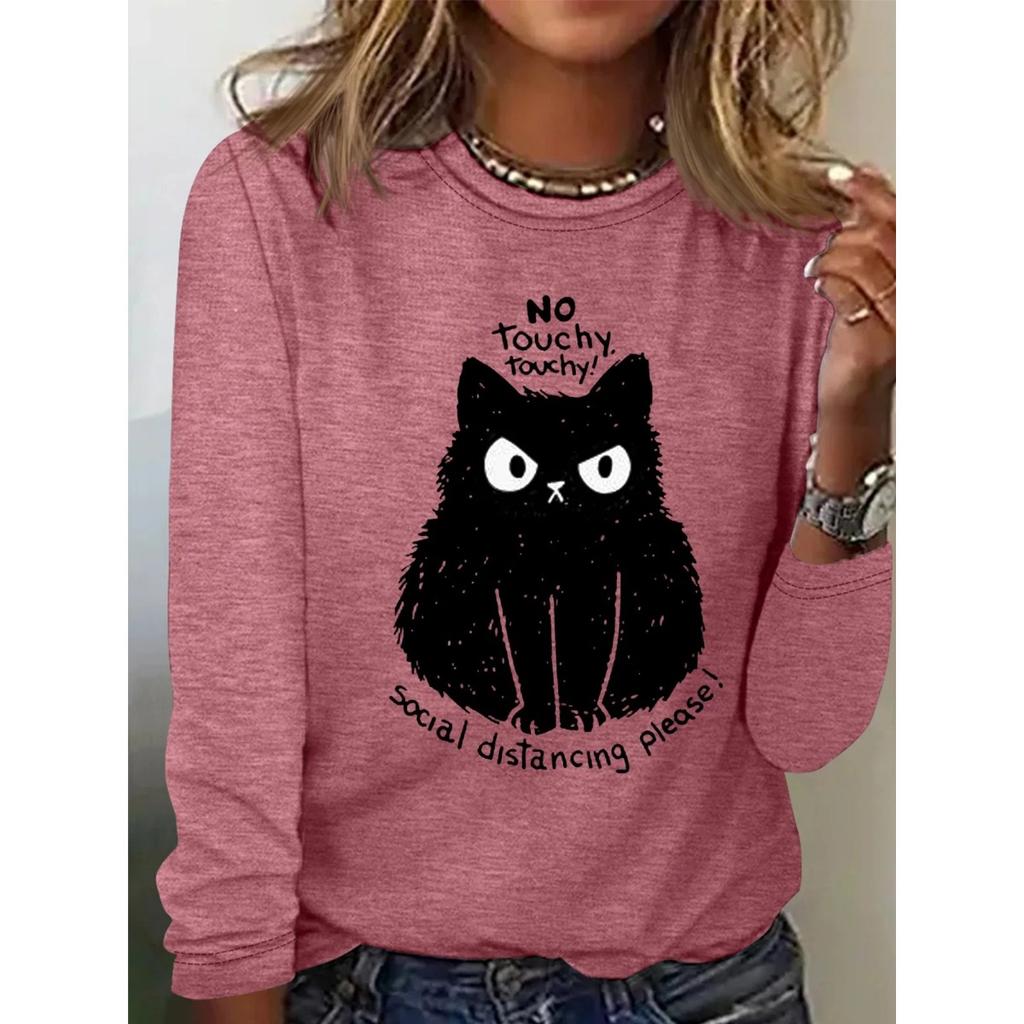 Rundhals 3D-bedrucktes Katzenmuster Top Modische Lässige Langarm Damen T-Shirts
