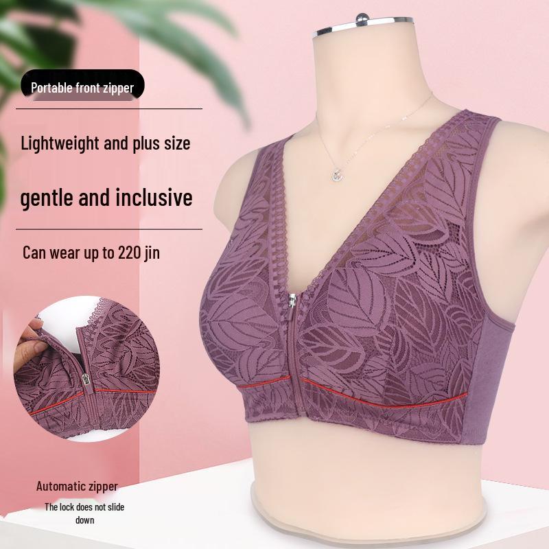 Podprsenka plus size se zipem vpředu a krajkou – Měkký bavlněný košíček pro ženy středního a staršího věku