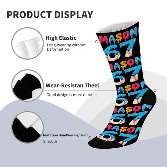 Mason 67 Baseball Socks Funny Cream Drips Six Seven Socks Stretchy Colorful Socks Birthday Xmas Gift for Women Friends
