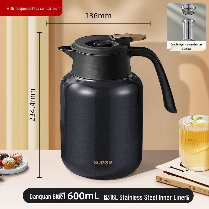 Supor Insulated Kettle: Home Use, Long-lasting Heat, Tea Separation, Double-Layer Chamber, Stewing & Brewing Functions.