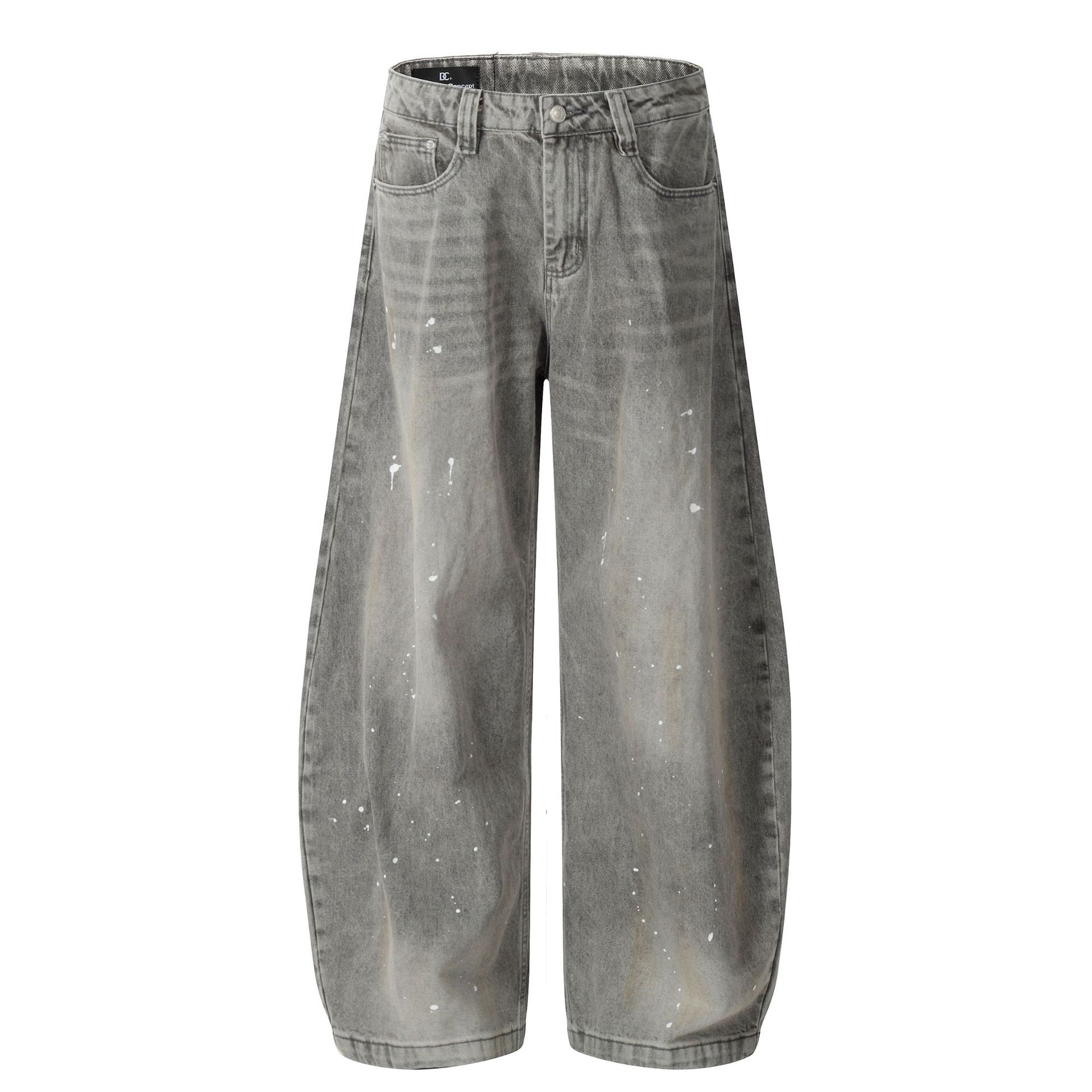 Mens American retro inkjet washed scimitar jeans vibe wide leg trousers S серый